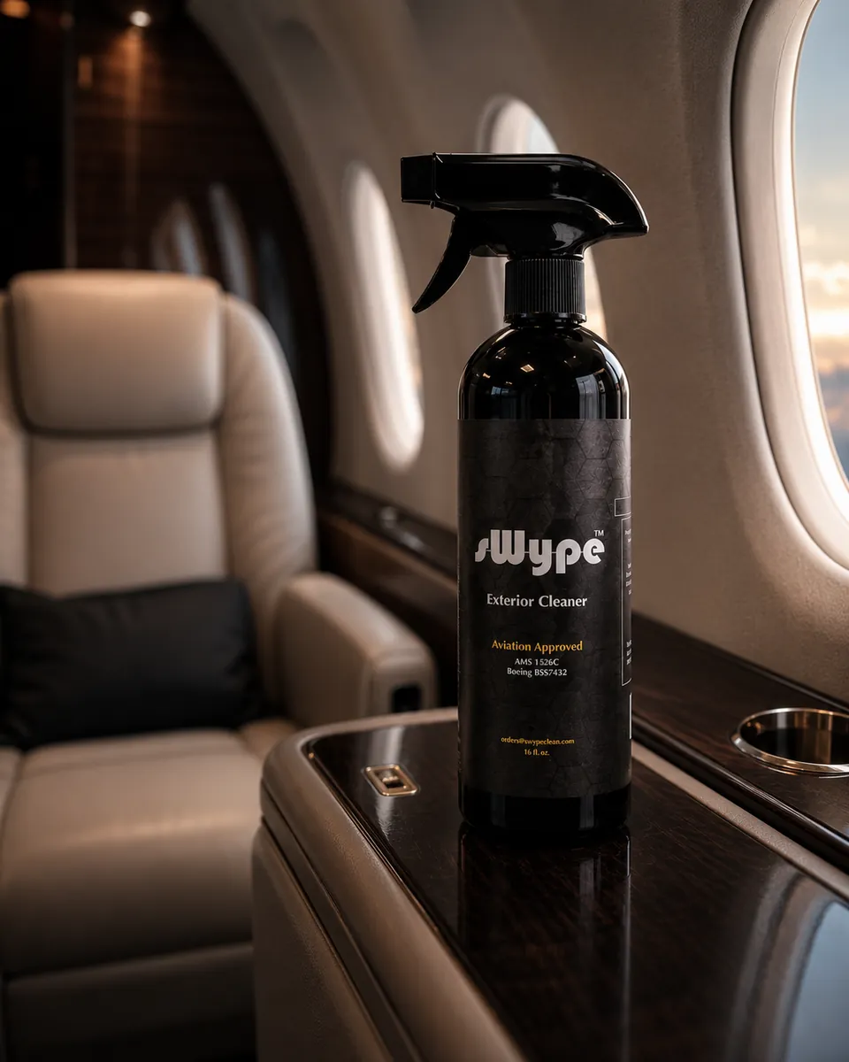 A 16 oz bottle of sWype on a walnut side ledge in a private jet cabin, with a leather seat and window behind it.