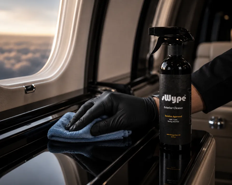 A gloved hand wiping a gloss-black cabin ledge with a blue microfiber cloth beside a bottle of sWype.