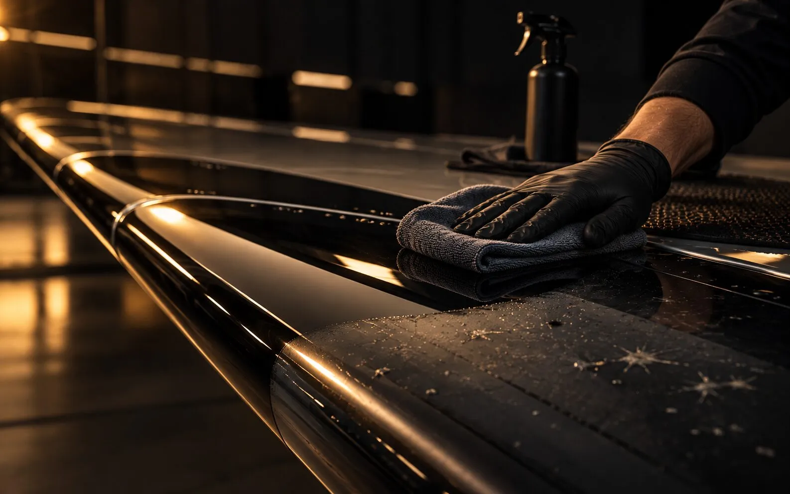 A gloved hand wiping the leading edge of a dark, polished aircraft wing with a charcoal microfiber cloth, a few bug marks still ahead of the cloth.